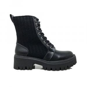 Bota Negra Estilo Combat Con Tejido Lateral Urbano