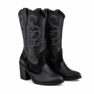 Bota Vaquera Negra De Piel Para Mujer con tacón de 8 cm