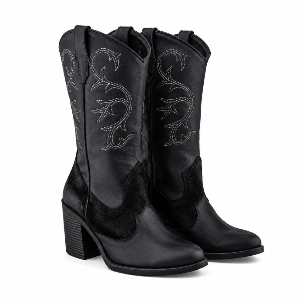 Bota Vaquera Negra De Piel Para Mujer con tacón de 8 cm
