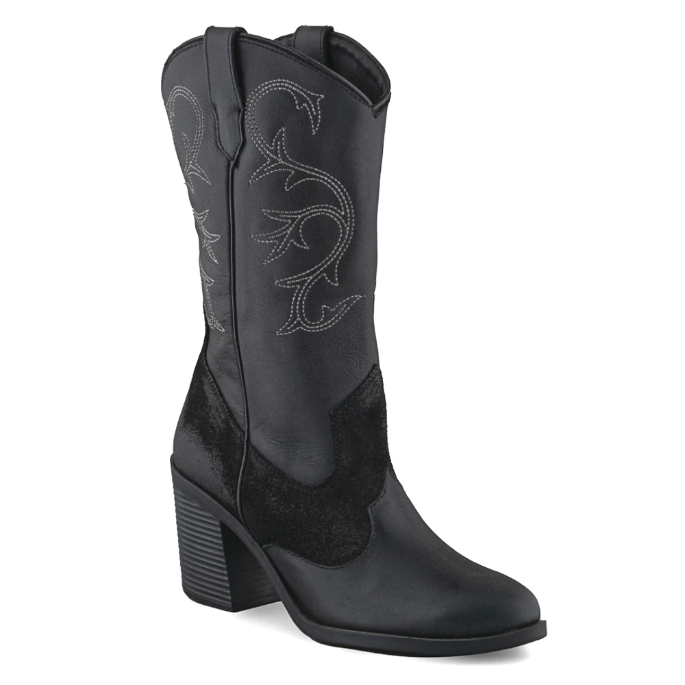 Bota vaquera negra para mujer en piel y gamuza