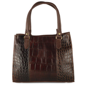 Bolsa De Piel Vacuno Café Con Combinación De Texturas Croco Y Lagarto marca DASALO, elaborada de piel vacuno genuina de cprimera calidad