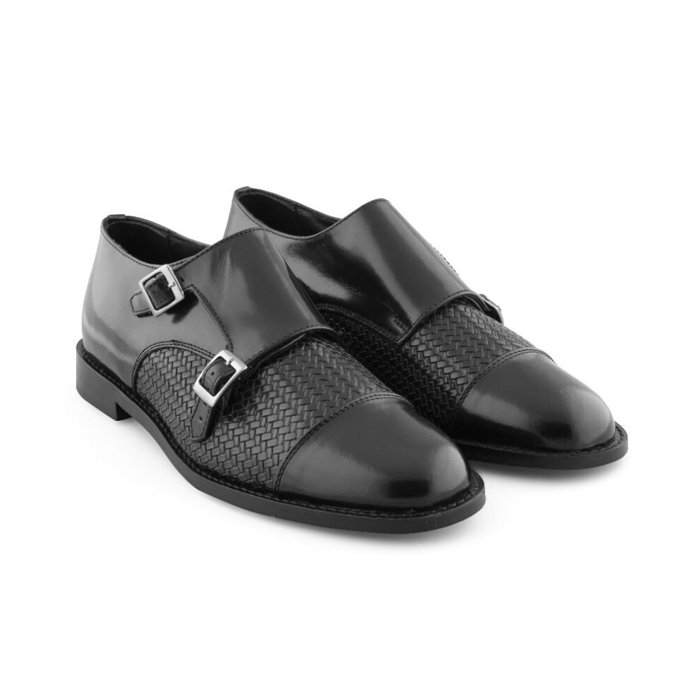 Zapato Monkstrap Negro de Piel Grabada para Hombre