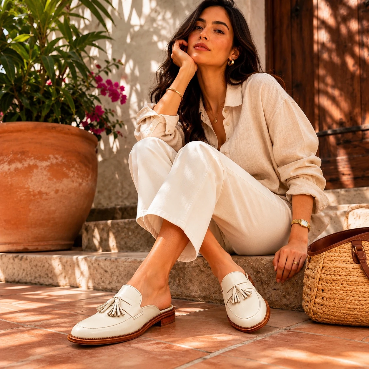 Mule zapato de mujer con una mujer muy guapa luciendo los zapatos color hueso