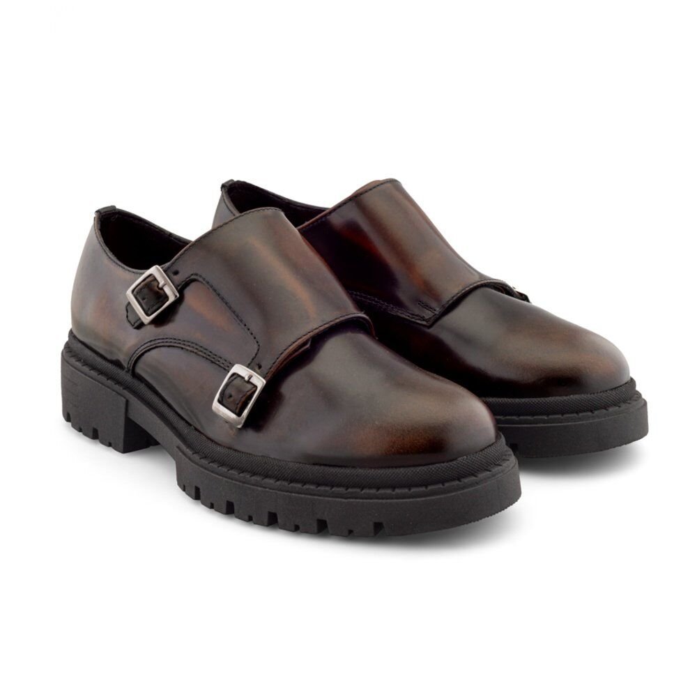 Zapatos monkstrap café para hombre en piel vacuno con doble hebilla y suela chunky