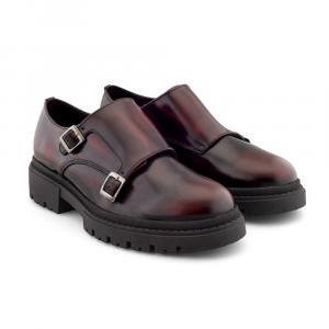 Zapatos monkstrap vino para hombre en piel vacuno con doble hebilla y suela chunky