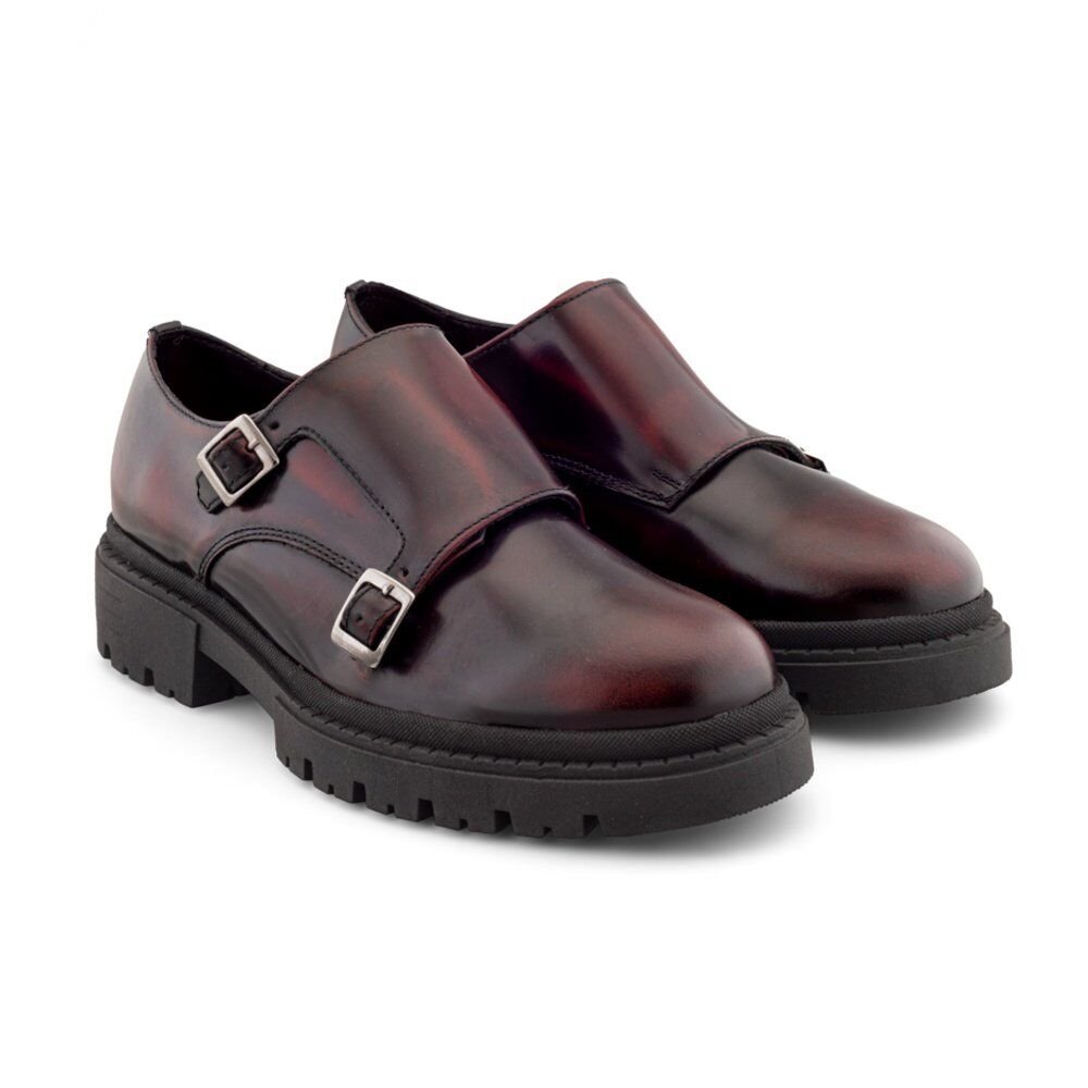 Zapatos monkstrap vino para hombre en piel vacuno con doble hebilla y suela chunky