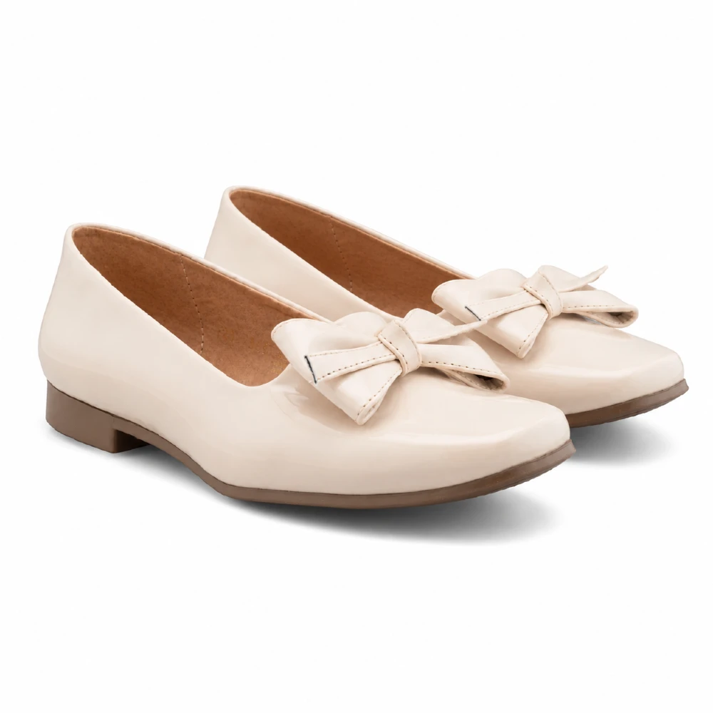 Flat Crema De Charol Con Moño Para Mujer