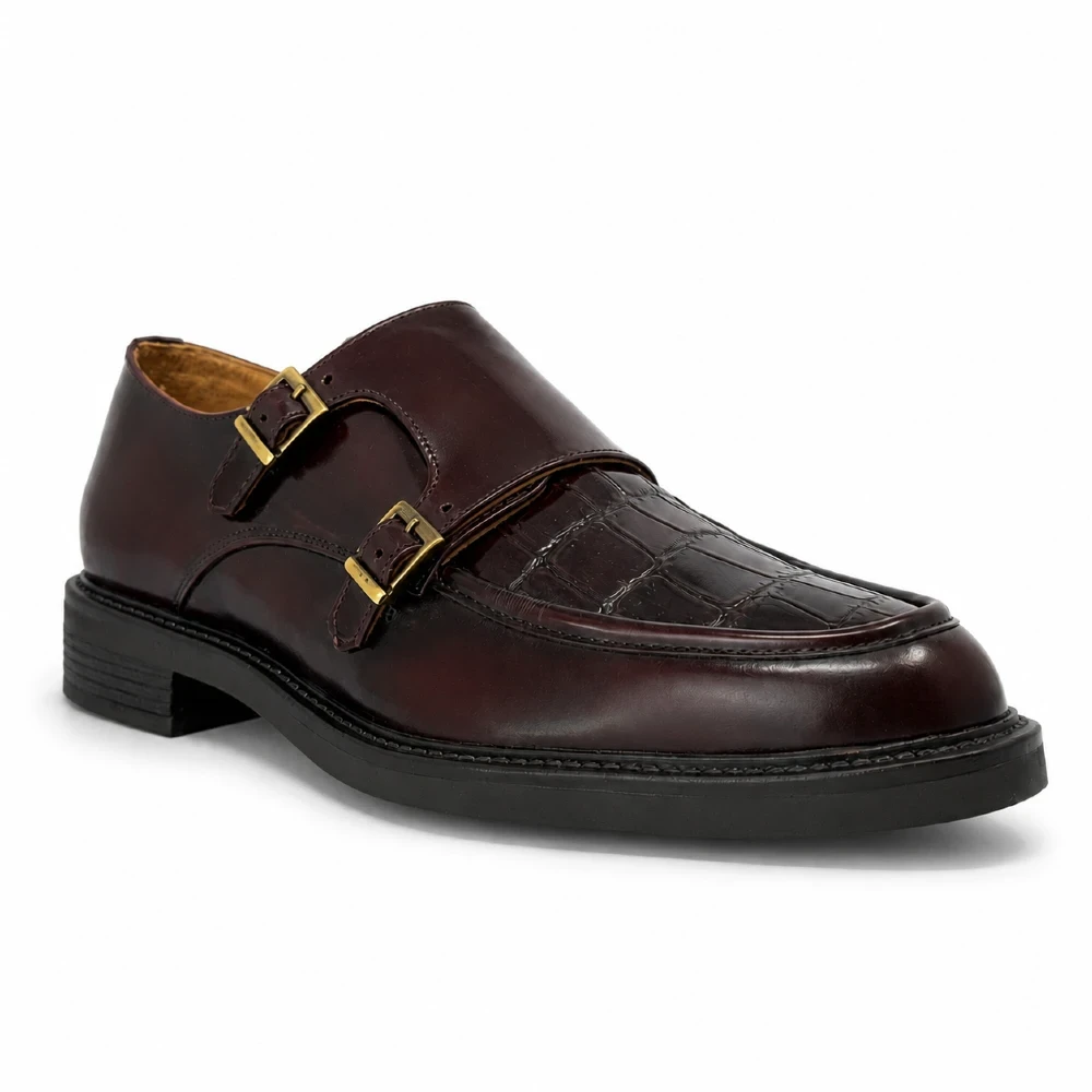 Monkstrap para hombre en piel vacuno color vino acabado camaleón