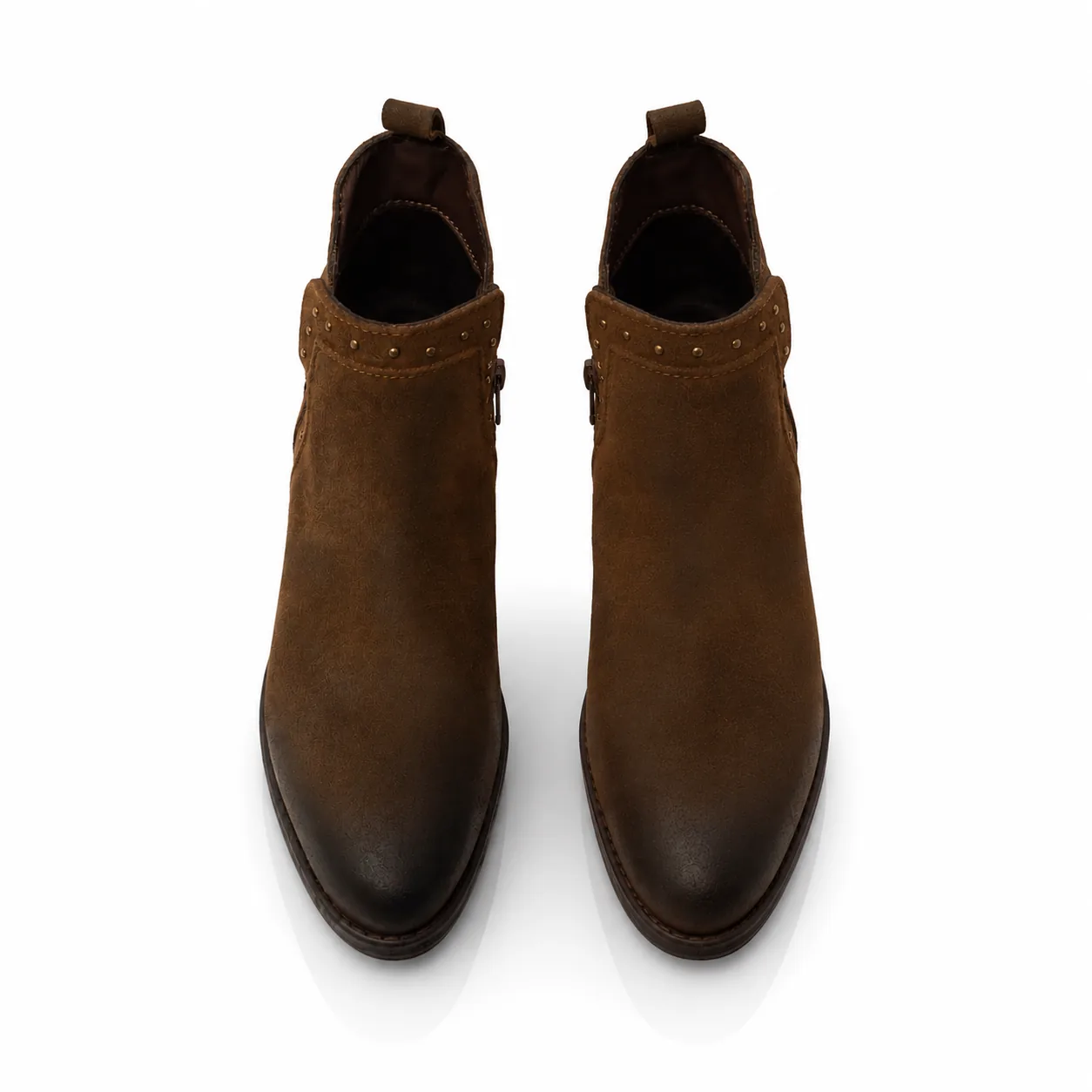 Botines de moda para dama, de piel acabado gamuza color café con cremallera lateral
