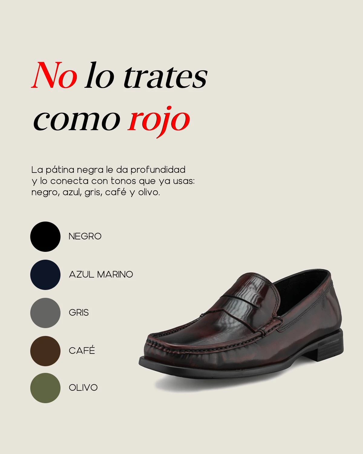 Mocasín para hombre en color vino camaleón junto a una paleta de negro, azul marino, gris, café y verde olivo.