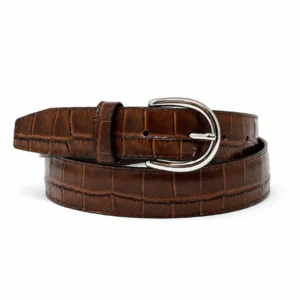 Cinturón para hombre de piel vacuno genuina color café con grabado cocodrilo y hebilla metálica