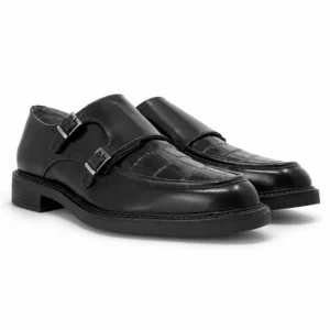Zapato monkstrap negro de piel para hombre con doble hebilla