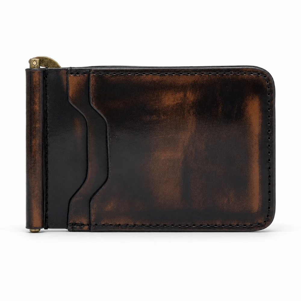 Cartera de piel camaleón café con acabado de matices oscuros