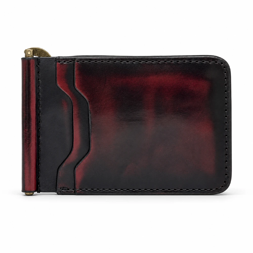 Cartera de piel con clip Camaleón Vino con acabado artesanal
