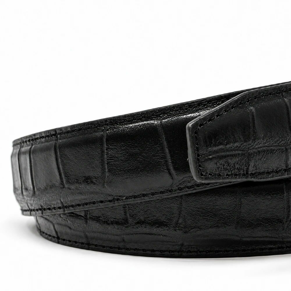 Cinturón De Piel Negro Grabado Cocodrilo De Vestir Para Hombre - Imagen 5