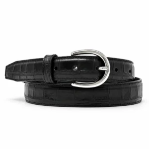 Cinturón para hombre de piel vacuno genuina color negro con grabado cocodrilo y hebilla metálica
