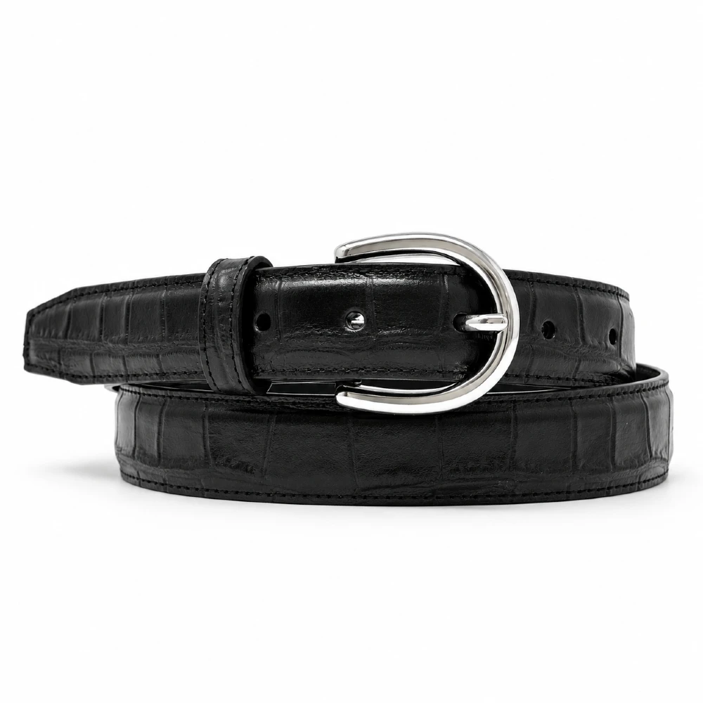 Cinturón para hombre de piel vacuno genuina color negro con grabado cocodrilo y hebilla metálica