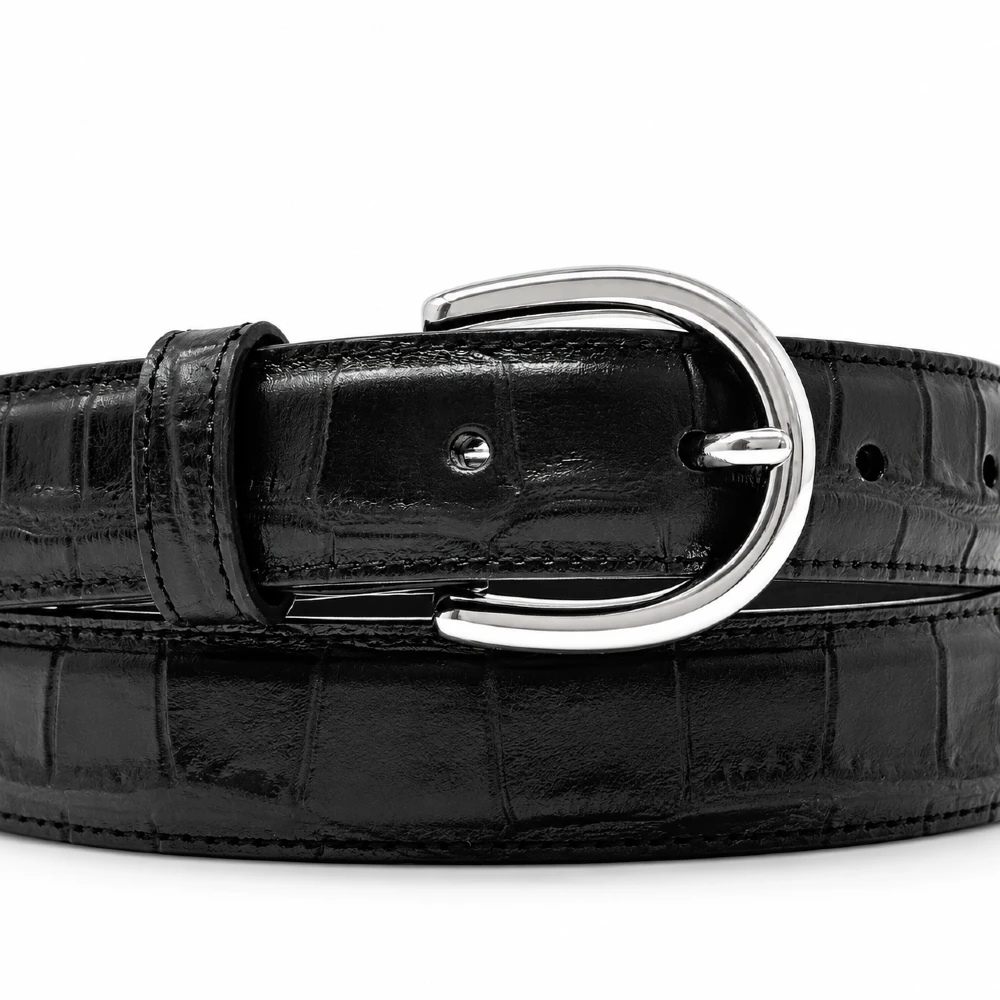 Cinturón negro para Hombre con Hebilla Plateada y Piel Grabada